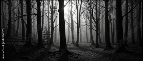 Fototapeta Naklejka Na Ścianę i Meble -  serene forest scene with tall, bare trees shrouded mist, creating mysterious atmosphere. sunlight filters through branches, casting shadows ground