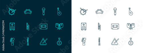 Set line Bandura, Flute, Retro audio cassette tape, Triangle musical instrument, Keytar, Microphone, Drum with drum sticks and Tambourine icon. Vector