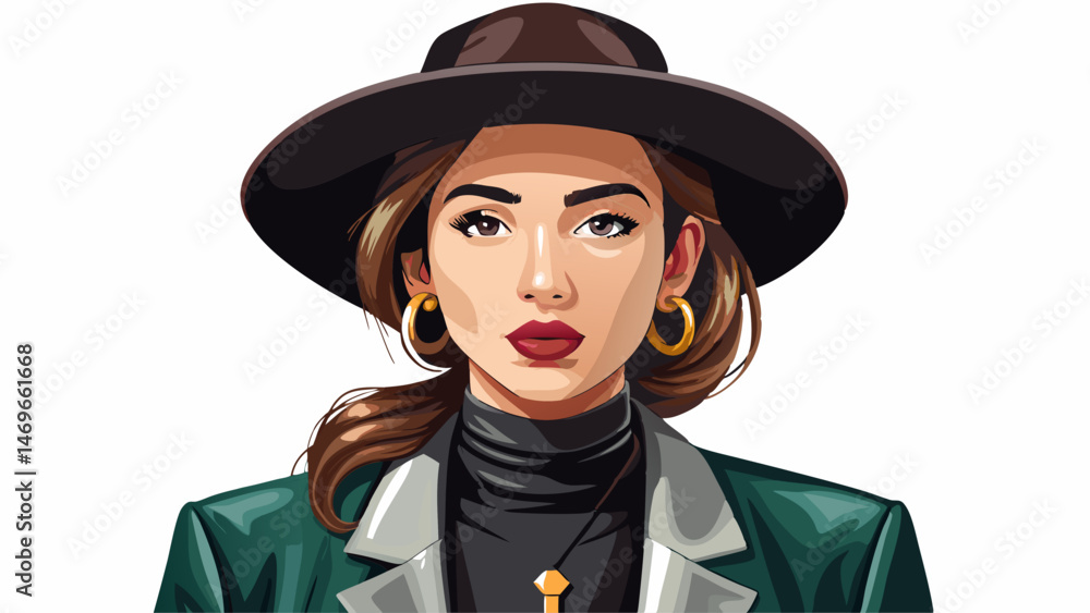 Fototapeta premium portrait Fashionable woman wearing hat earrings necklace posing on brown background. Modern stylish outfit. Faux leather blazer, turtleneck, jewelry. Studio fashion portrait for beauty brands, a Ver