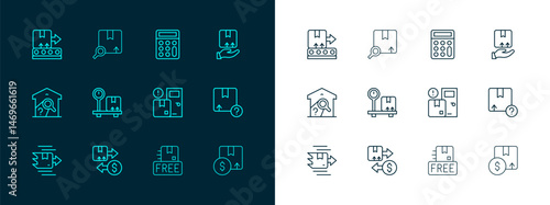 Set line Delivery hand with box, Tax cardboard, Home delivery services, Cardboard free symbol, Scale, Calculator, Conveyor belt and Search package icon. Vector