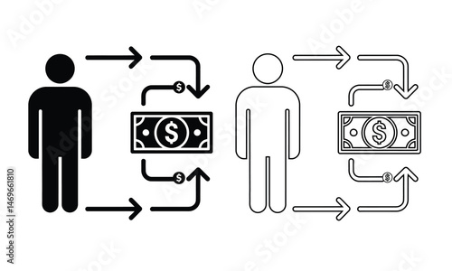 Money transfer icon with person silhouette, arrows and dollar bill in black and outline style  isolated on white background

