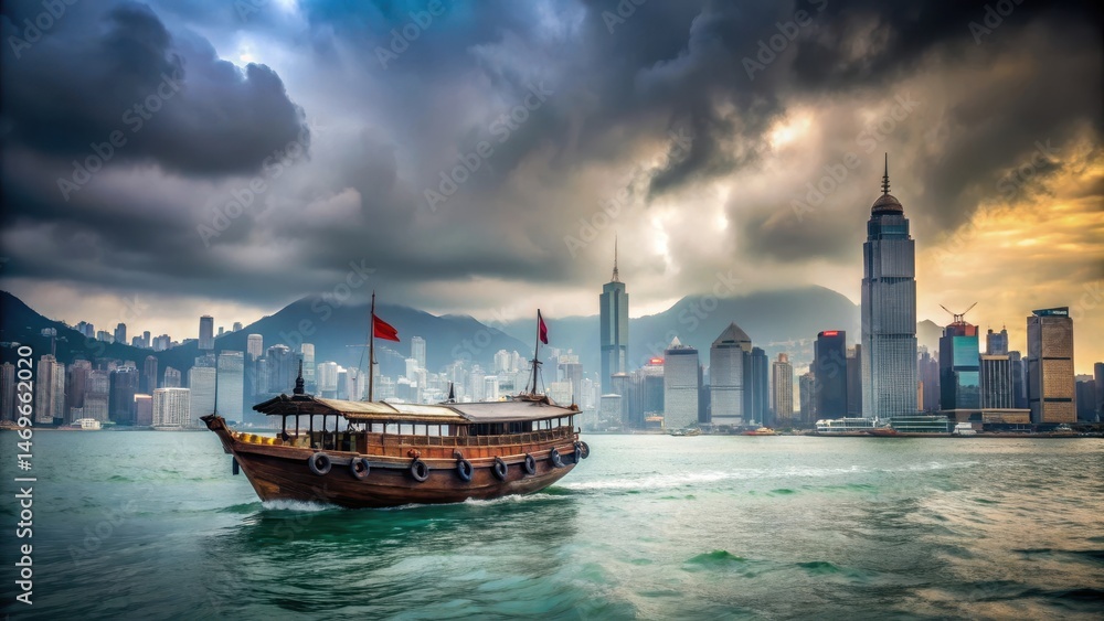 Obraz premium Old junk boat floating in Hong Kong's Victoria Harbour with a dark grey sky and few clouds, hong kong harbour, sea