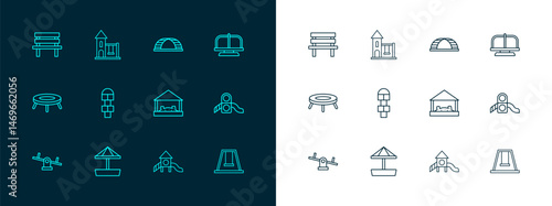 Set line Attraction carousel, Sandbox with sand, Slide playground, Hopscotch, Monkey bar, Bench and Swing for kids icon. Vector