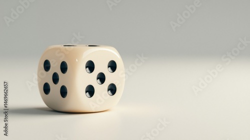 A 3D rendering of a white die with black dots.