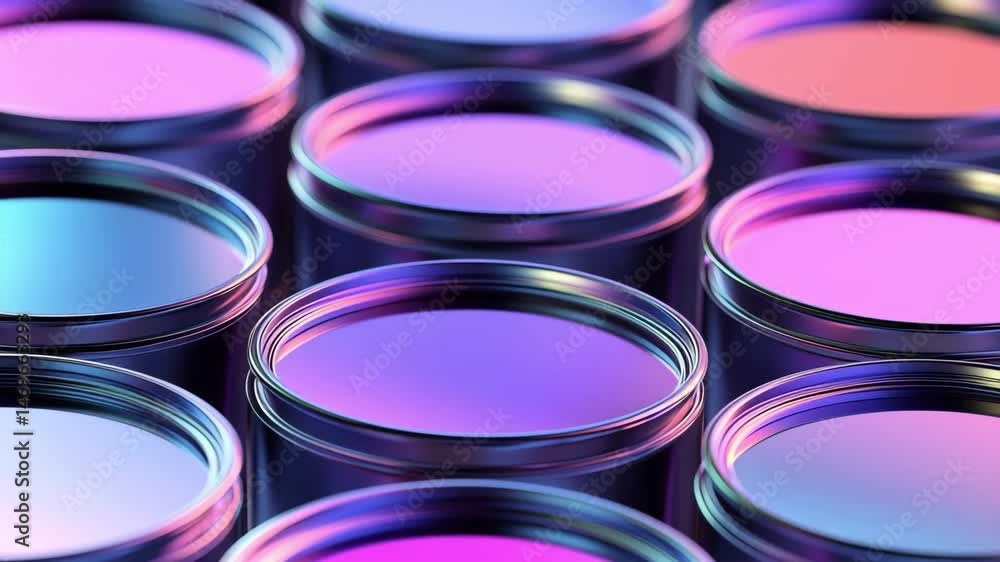 Multiple paint cans with smooth surfaces display a range of colors reflecting neon lights Multiple paint cans with smooth surfaces display a range of colors reflecting neon lights