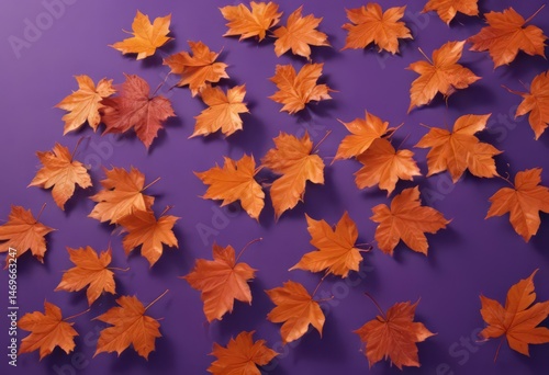 Crisp metallic orange leaves, violet textured background Stylish autumnal design , stylish, image
