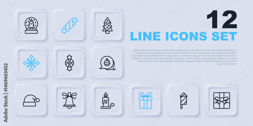 Set line Firework rocket, Gift box, Candy, Snowflake, Christmas ringing bell, and Burning candle icon. Vector Set line Firework rocket, Gift box, Candy, Snowflake, Christmas ringing bell, and Burning candle icon. Vector