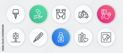 Set line Bottle of medicine syrup, Blood pressure, Location hospital, Patient record, Ambulance car, Test tube with blood, Dental clinic location and Medical thermometer icon. Vector