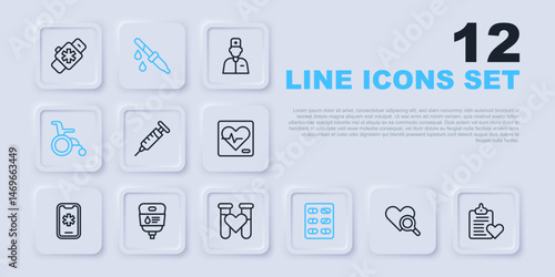 Set line Medical heart inspection, Patient record, Syringe, Pills blister pack, Wheelchair for disabled person, IV bag, Pipette and Test tube with blood icon. Vector