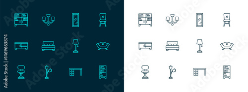 Set line Chair, Floor lamp, Office desk, Big bed, full length mirror, Library bookshelf and Chandelier icon. Vector