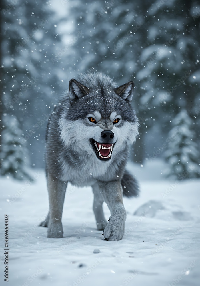 Obraz premium Winter's Fury: A Wolf's Snowbound Prowl AI Generated