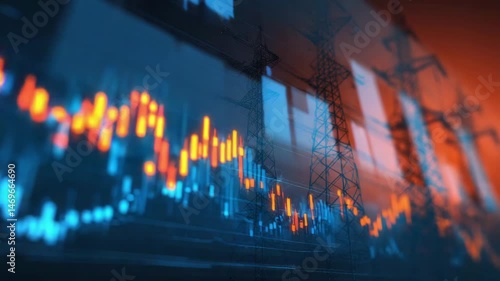 Energy Market Trends Graph Overlay on High Voltage Pylons at Sunset