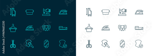 Set line Electric iron, Leather, Gift bow, Sewing thread spool, machine, pattern and Textile fabric roll icon. Vector