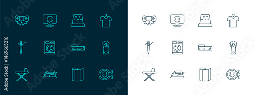 Set line T-shirt on hanger, Electric iron, Tape measure, Textile fabric roll, Washer, Thimble for sewing, Gift bow and Leather icon. Vector