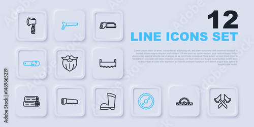 Set line Electric circular saw, Wooden axe, Mustache and beard, Circular blade, Chainsaw, Hand, and Waterproof rubber boot icon. Vector