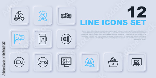 Set line Freelancer, Video chat conference, Phone book, Speech bubble, Telephone handset, Web camera and icon. Vector