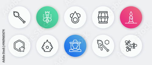 Set line Beekeeper with protect hat, Burning candle, Honeycomb, dipper stick, Wooden barrel honey, Bees and Hive for bees icon. Vector