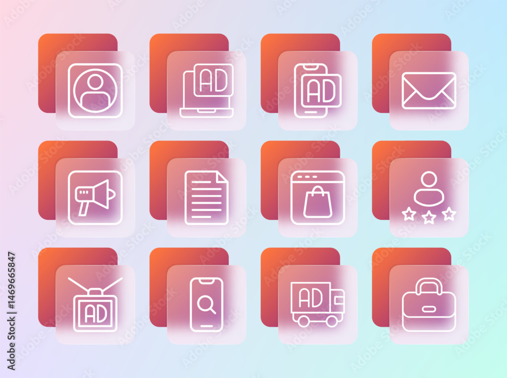 Set line Mail and e-mail, Magnifying glass mobile, Online shopping on screen, Advertising truck, File document, Create account and icon. Vector Set line Mail and e-mail, Magnifying glass mobile, Online shopping on screen, Advertising truck, File document, Create account and icon. Vector