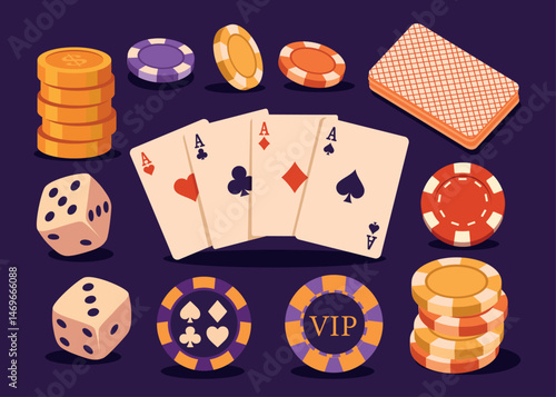 Vector illustration of casino elements icon. Cards, dice, chips, tokens and suits. Gambling, poker, casino paraphernalia in bright flat style on dark background for online casino project