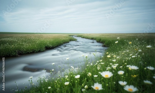Peaceful Coastal Landscape With Green Fields And White Flowers