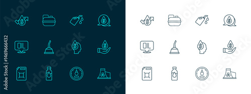 Set line Oil drop with dollar symbol, petrol test tube, Motor gas gauge, Canister for motor machine oil, price increase and gasoline icon. Vector