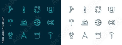Set line Horseshoe, Air blower bellows, Round shield, Welding mask, Blacksmith oven, Metallic nails and Chain link icon. Vector