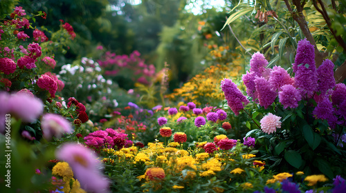 Fototapeta Naklejka Na Ścianę i Meble -  Lush flower garden in soft focus with vibrant colors
