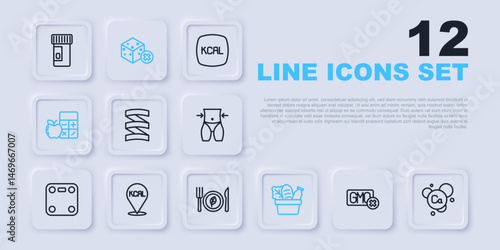 Set line No GMO, Calcium, Sports nutrition proteine, Shopping bag and food, Calorie calculator, Kcal, sugar free and Vegan diet icon. Vector