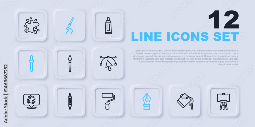 Set line Paint bucket, Wood easel, brush, Fountain pen nib, Eyedropper color picker palette, Marker, and roller icon. Vector Set line Paint bucket, Wood easel, brush, Fountain pen nib, Eyedropper color picker palette, Marker, and roller icon. Vector