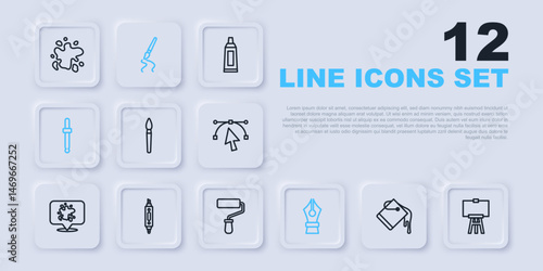 Set line Paint bucket, Wood easel, brush, Fountain pen nib, Eyedropper color picker palette, Marker, and roller icon. Vector
