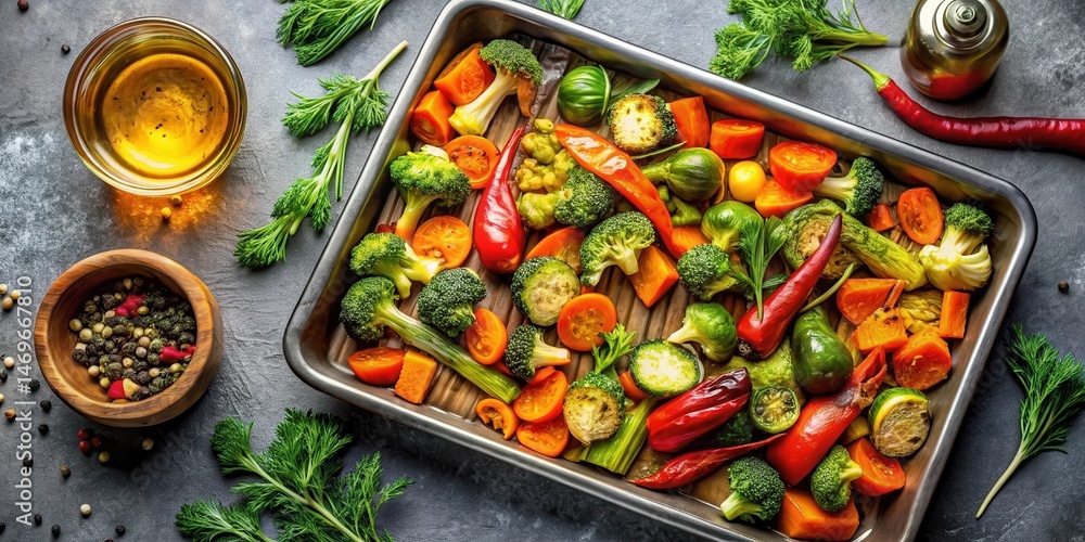 A vibrant medley of roasted vegetables arranged on a baking sheet, prepared with herbs and spices, ready for a flavorful culinary experience. A vibrant medley of roasted vegetables arranged on a baking sheet, prepared with herbs and spices, ready for a flavorful culinary experience.