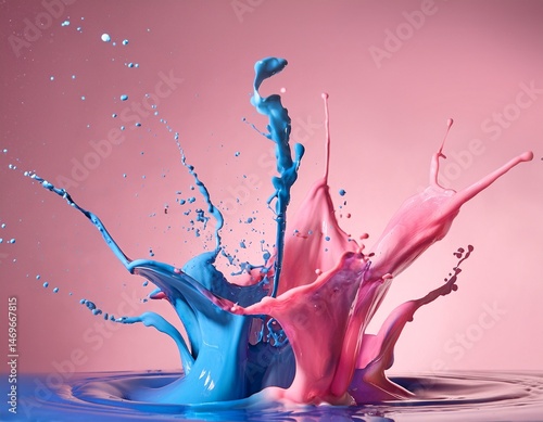 dynamic splash of vibrant blue and pink paint colliding on a soft pink background creating an energetic and artistic visual effect