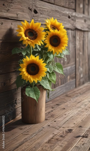 Several sunflowers on weathered wood, sunlit scene , petals, autumn