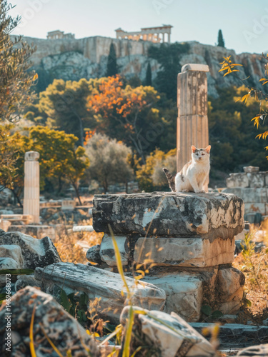 Cat Sitting on Ancient Ruins in Athens, Greece