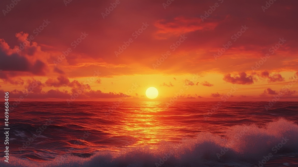 Naklejka premium A peaceful moment at the ocean at sunset, where the sky is a canvas of fiery reds and oranges, and the calm waves create a serene atmosphere as the day ends