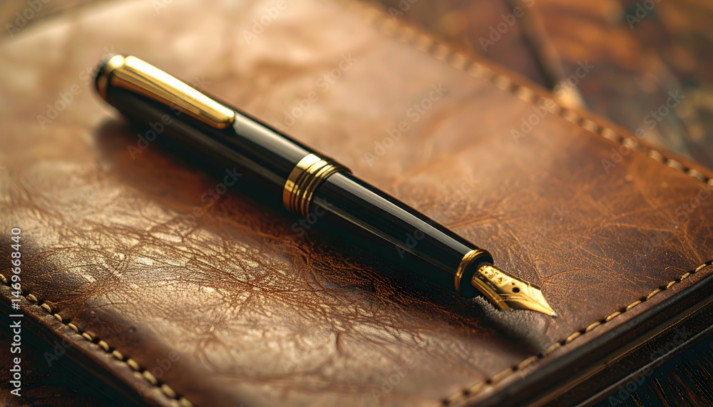 Gold And Black Fountain Pen On Brown Leather Notebook Gold And Black Fountain Pen On Brown Leather Notebook