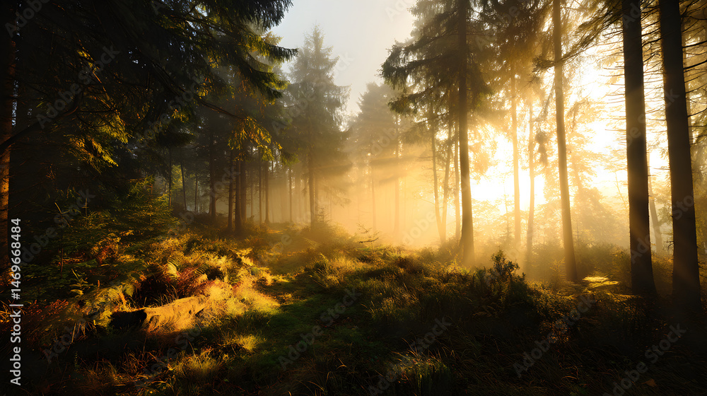 Obraz premium Magical forest setting with glowing golden light and soft mist