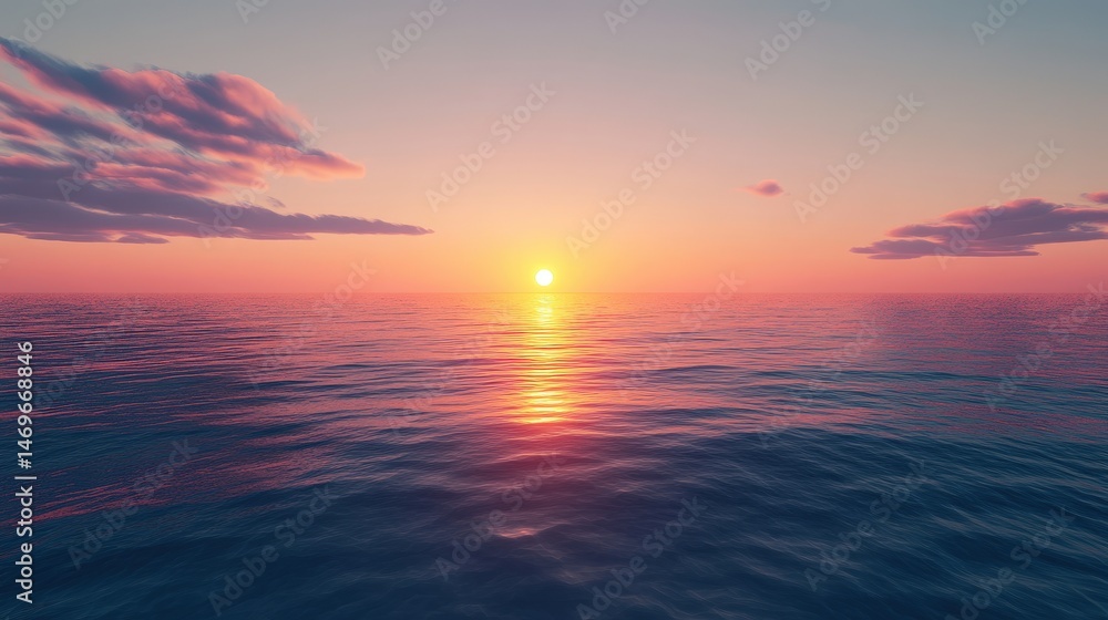 Fototapeta premium A peaceful ocean sunset with warm colors painting the sky in shades of orange, pink, and purple as the sun slowly dips below the horizon, casting a soft glow over the tranquil water.
