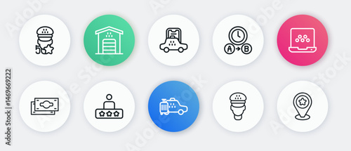 Set line Taxi car, mobile app, Stacks paper money cash, driver, waiting time, Location with star and service rating icon. Vector