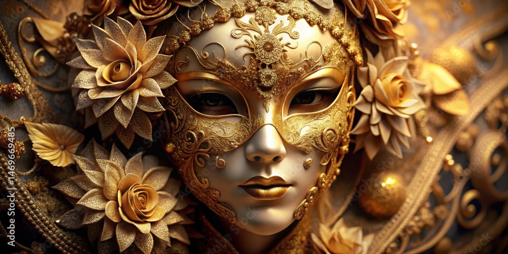 Detailed close-up of a golden Venetian mask featuring ornate fabric flowers and lace details Detailed close-up of a golden Venetian mask featuring ornate fabric flowers and lace details
