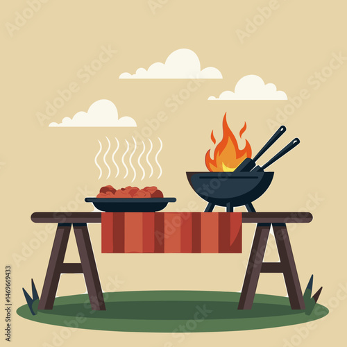 Grilled meat sizzling on barbecue against outdoor backdrop  