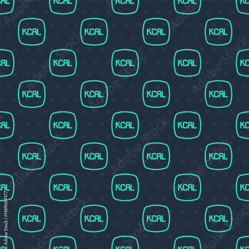 Green line Kcal icon isolated on isolated seamless pattern on blue background. Health food. Vector