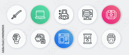 Set line Browser window, First aid kit, Smart glasses on spectacles, Radioactive waste barrel, Cloud database, Cyber security, Artificial intelligence robot and Humanoid icon. Vector