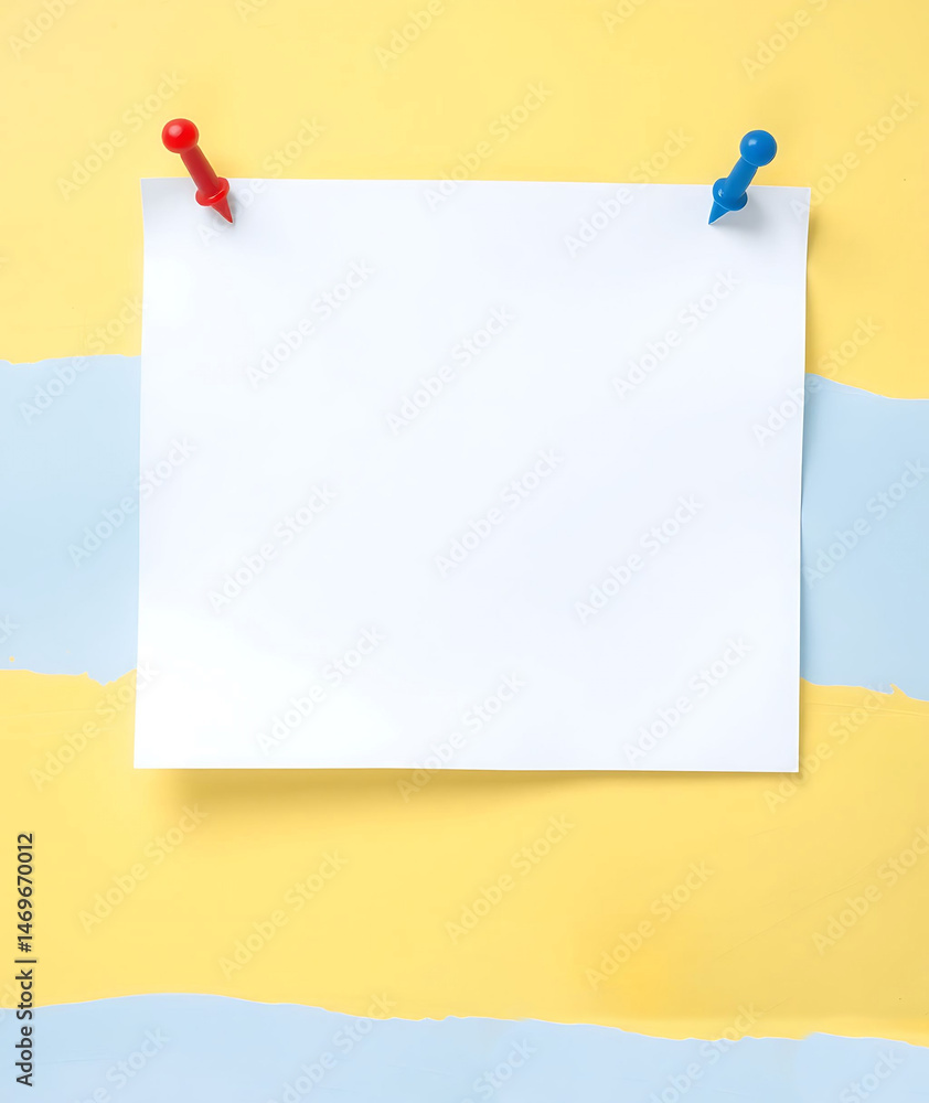 Naklejka premium A blank sheet of paper held in place by pins, offering ample space for personalized notes or important information. Displayed against a vibrant, creative striped background.