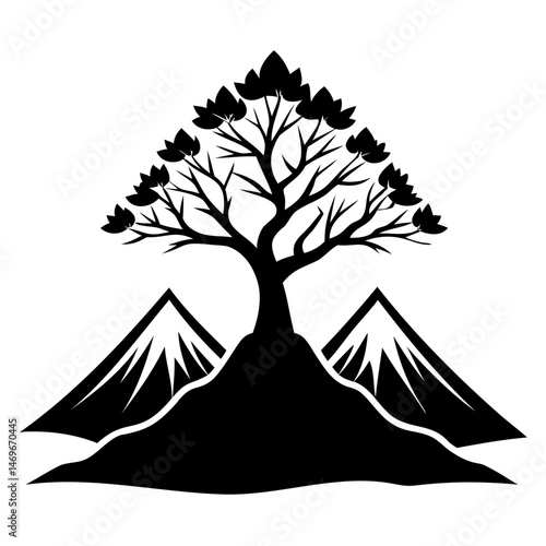 Black silhouette of mountain landscape with ash tree on clear transparent background
