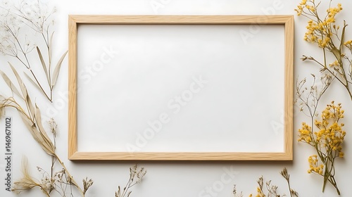 Empty light brown wooden frame surrounded by dried plants on white background.