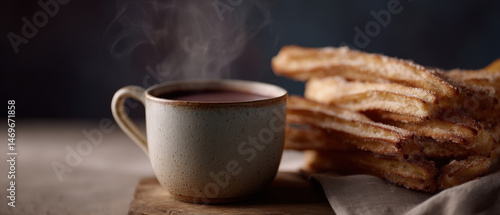 Steaming cup of hot chocolate with churros in rustic kitchen setting