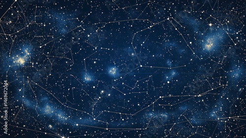 Starry night sky with various-sized stars connected by golden lines, forming a celestial constellation on a deep blue canvas.