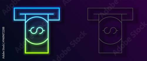 Glowing neon line ATM - Automated teller machine and money icon isolated on black background. Vector