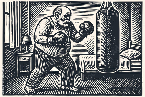 Vector illustration: Determined elderly man in pajamas and boxing gloves, training on a punching bag in his bedroom. Classic vintage linocut/woodcut print style.